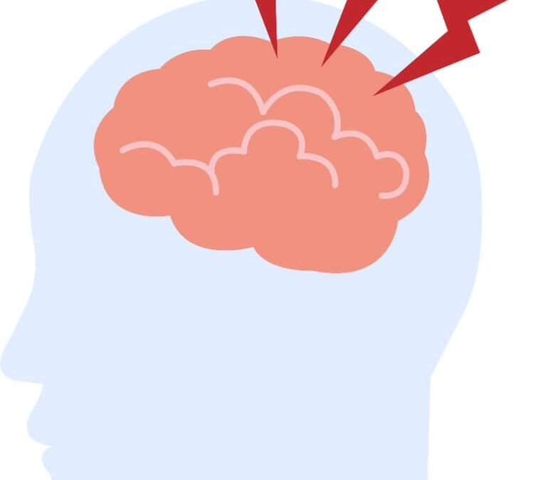 Illustration of a head and brain with red pain signals representing migraine triggers and increased brain sensitivity.