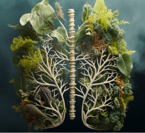 Illustration of lungs and spine showing the link between breathing and headaches through the nervous system