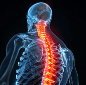 Digital illustration of spine highlighting inflammation in the upper back region.