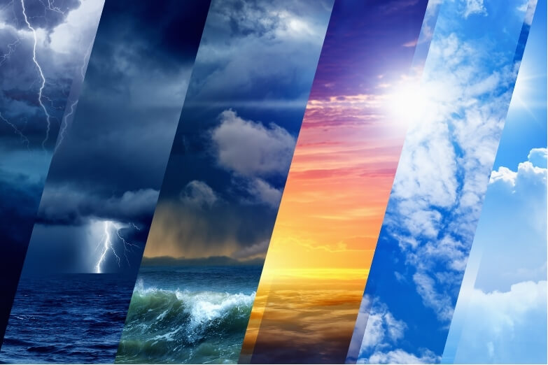 Illustration of changing weather patterns symbolising environmental triggers for headaches and migraines.